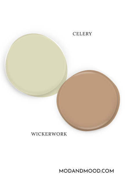 Sherwin Williams Wickerwork swatched as a paint dot beside the same of Celery