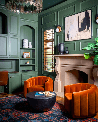 Benjamin Moore Backwoods color adjusted to look like Webster Green on panelled walls in a living room.