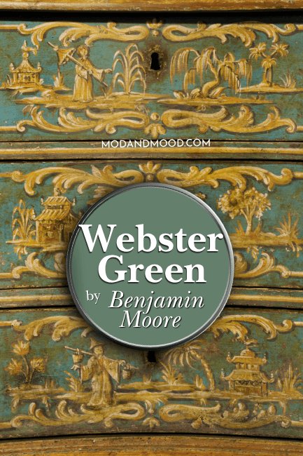 Benjamin Moore Webster Green swatched on a paint lid over a photo of the color on an elaborate dresser 