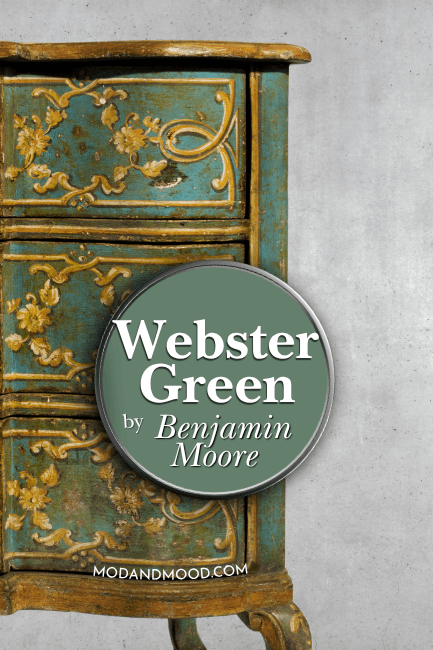 Webster Green on a paint lid over a photo of the color on a dresser with gold accents.