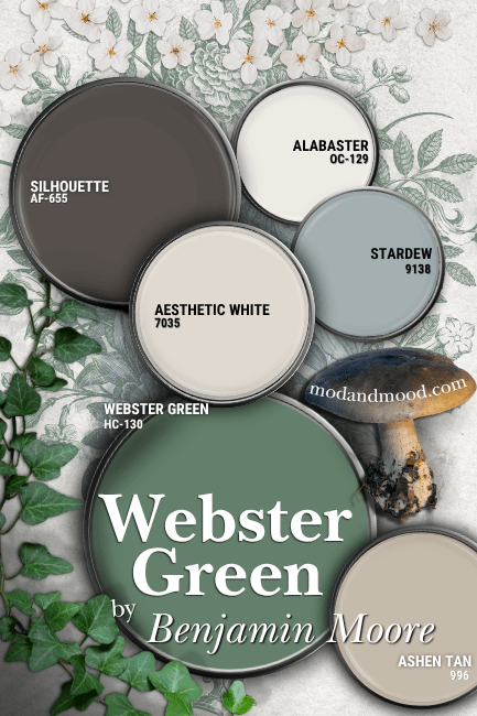 Benjamin Moore Webster Green in a color palette with Silhouette, Alabaster, Aesthetic White, Stardew, and Ashen Tan over a background of flowers, leaves, and mushrooms.
