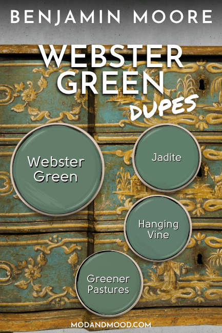Webster Green swatched on a golden paint lid amongst the same of dupes hanging vines, Jadite, and Greener Pastures