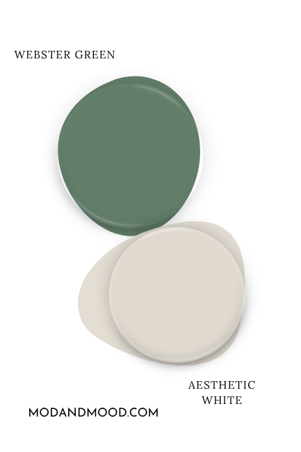 Paint dot of Benjamin Moore Webster Green swatched beside the same of coordinating color Aesthetic White