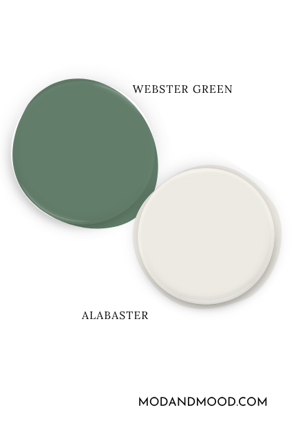 Paint dot of Benjamin Moore Webster Green swatched beside the same of coordinating color Alabaster