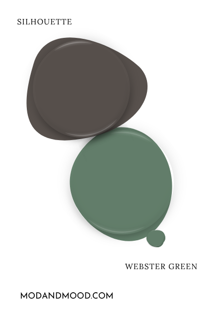 Paint dot of Benjamin Moore Webster Green swatched beside the same of coordinating color Silhouette