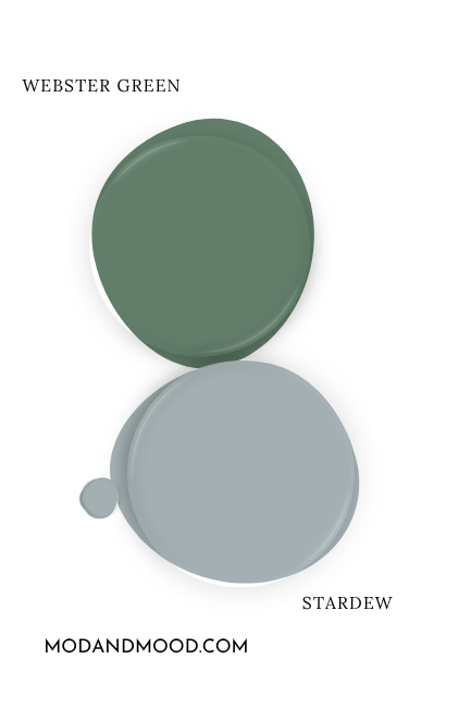 Paint dot of Benjamin Moore Webster Green swatched beside the same of coordinating color Sherwin Williams Stardew.