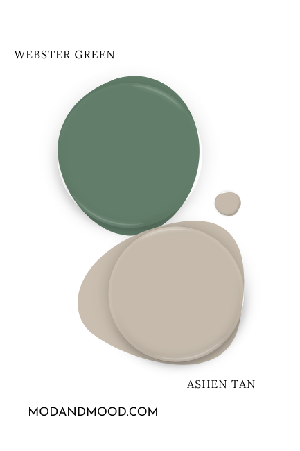 Paint dot of Benjamin Moore Webster Green swatched beside the same of coordinating color Ashen Tan