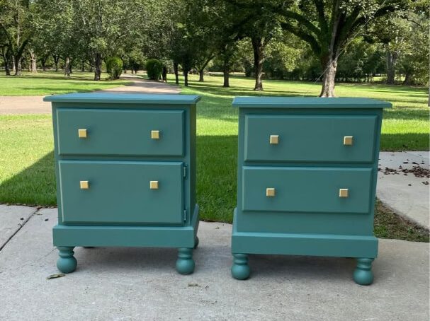 Two end tables painted in Webster Green aka Willow Grove where it looks quite teal