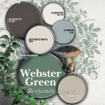 Benjamin Moore Webster Green in a color palette with Silhouette, Alabaster, Aesthetic White, Stardew, and Ashen Tan over a background of flowers, leaves, and mushrooms.