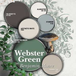 Benjamin Moore Webster Green in a color palette with Silhouette, Alabaster, Aesthetic White, Stardew, and Ashen Tan over a background of flowers, leaves, and mushrooms.