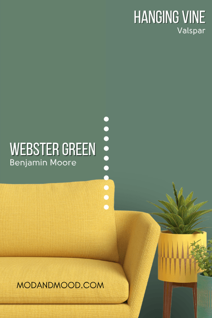 Benjamin Moore Webster Green on half of a wall and Valspar dupe Hanging Vine on the other half behind a yellow sofa.