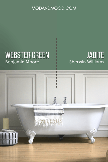 Benjamin Moore Webster Green on half of a wall and Sherwin Williams Jadite on the other half in a bathroom